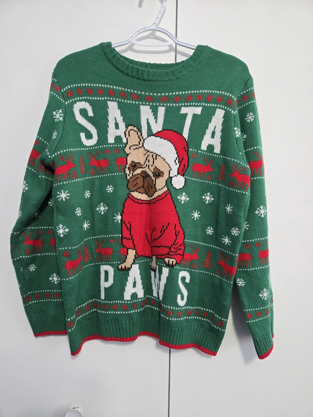 Holiday Time XXL 18 Santa Paws Pug Ugly Christmas Sweater Green‎ Dog